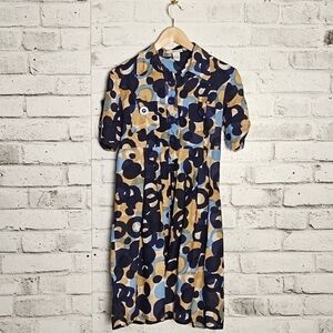 Kensie Blue Tan Abstract Print Button Front Midi Dress Size 10
